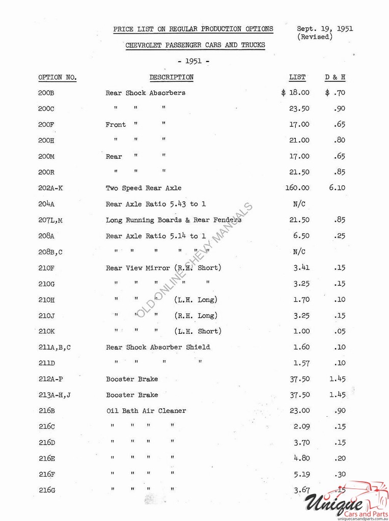 1951 Chevrolet Production Options List Page 3